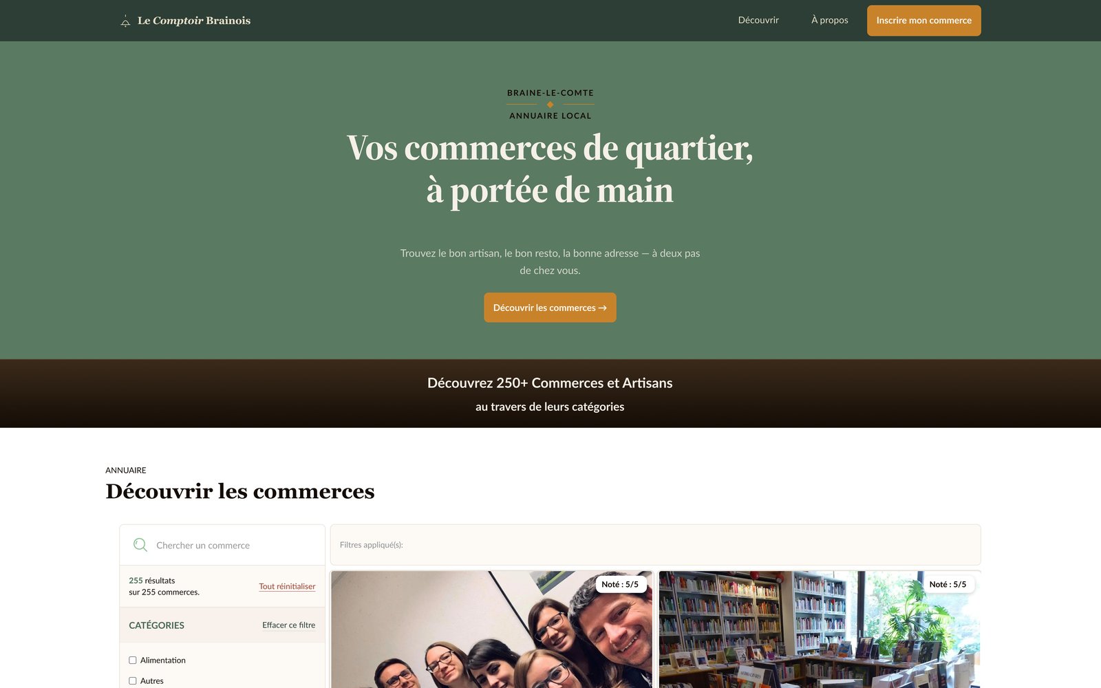 Capture d'écran de la page d'accueil du Comptoir Brainois, annuaire des commerces de Braine-le-Comte